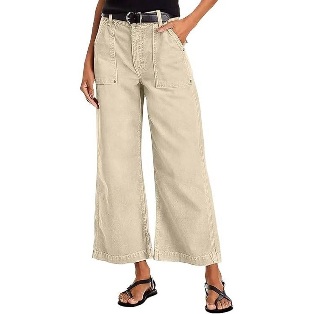 Flamingkals Women'sKhaki Wide Leg Cropped Cargo Pants Cotton Blend Utility XS
